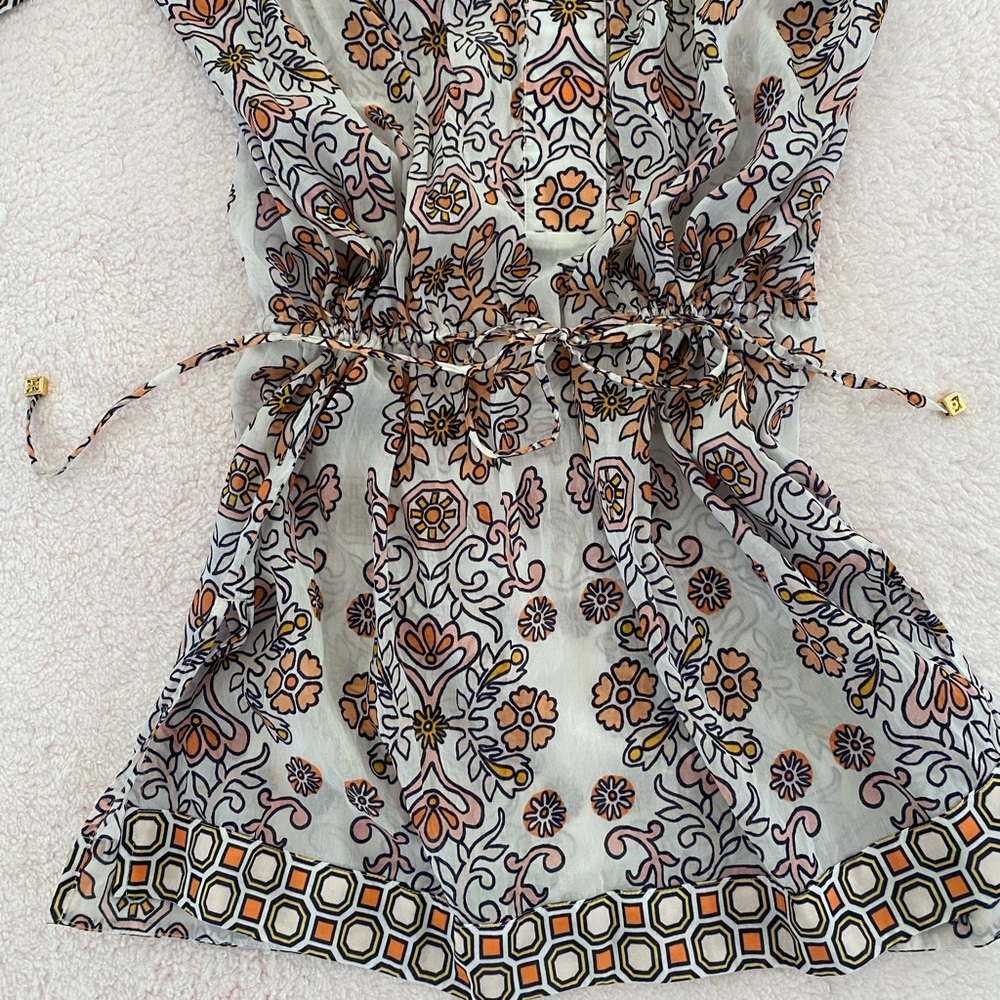 Floral Patterned Tunic Top Coverup w adjustable pull tie waist
